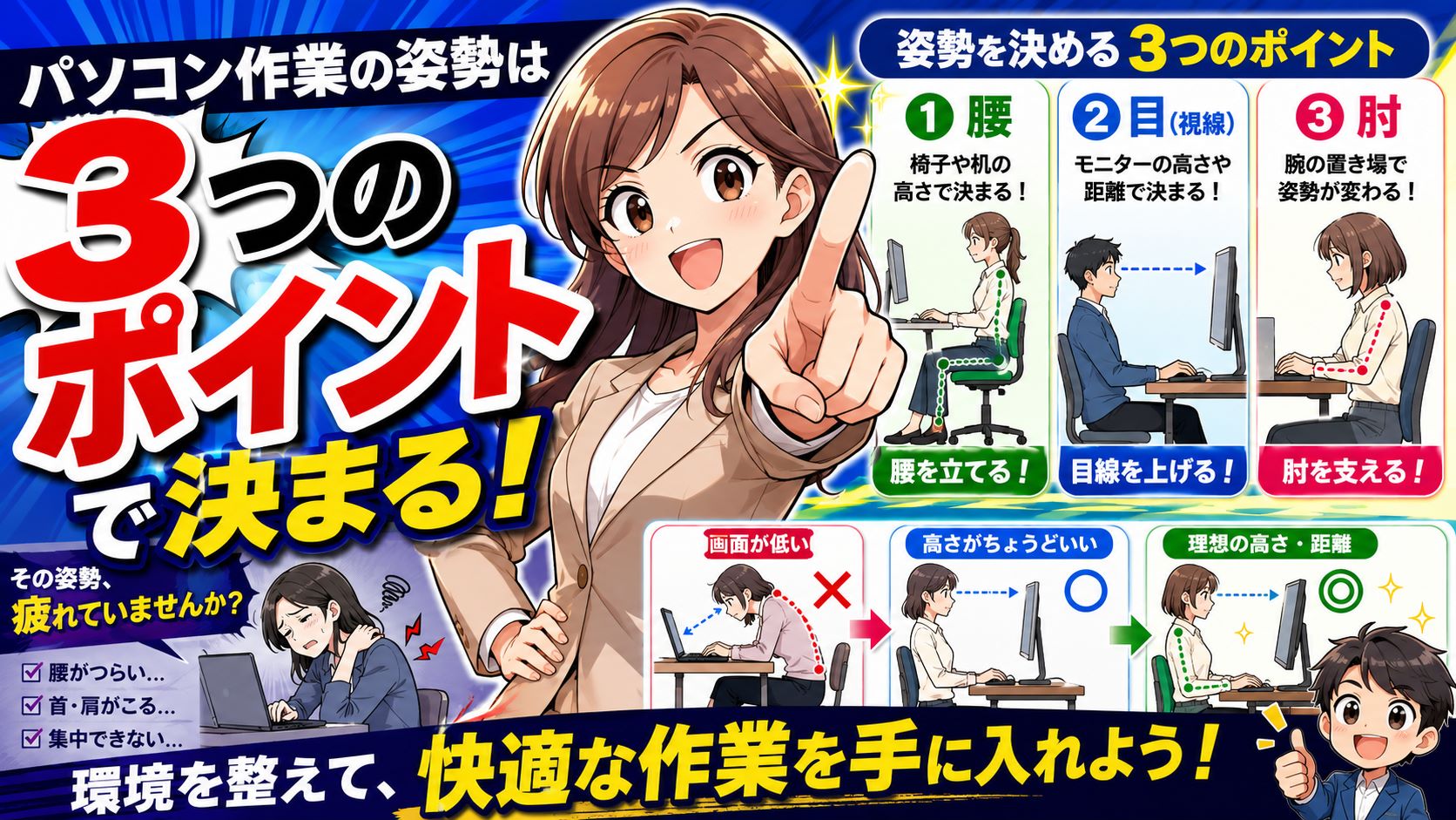 パソコン作業での姿勢を決める３つのポイント